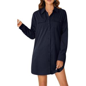 imageLYANER Womens Button Down Shirt Dresses Collared Long Sleeve Slit Tunic Blouse Tops with PocketsNavy Blue