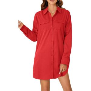 imageLYANER Womens Button Down Shirt Dresses Collared Long Sleeve Slit Tunic Blouse Tops with PocketsRed