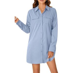 imageLYANER Womens Button Down Shirt Dresses Collared Long Sleeve Slit Tunic Blouse Tops with PocketsSky Blue