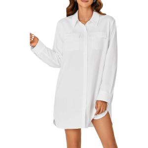 imageLYANER Womens Button Down Shirt Dresses Collared Long Sleeve Slit Tunic Blouse Tops with PocketsWhite