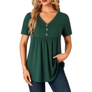 imageLYANER Womens Casual Flowy Tunic Tops V Neck Short Sleeve Button Up Pleated Shirt BlouseDark Green