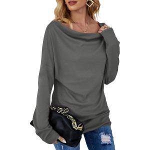 imageLYANER Womens Casual Loose Cowl Neck Ruched Stretch Long Sleeve Blouse Shirt TopGray