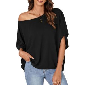 imageLYANER Womens Casual Loose Off Shoulder Batwing Half Sleeve Blouse Shirt Tunic TopBlack