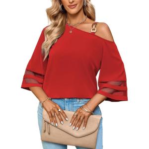 imageLYANER Womens Cold Shoulder Mesh Panel 34 Bell Sleeve Casual Top Blouse ShirtRed
