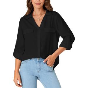 imageLYANER Womens Lapel Button Down Blouse Rolled Up Sleeve Dressy Shirt Work Office Casual TopBlack