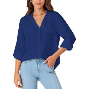 imageLYANER Womens Lapel Button Down Blouse Rolled Up Sleeve Dressy Shirt Work Office Casual TopDark Blue