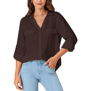 imageLYANER Womens Lapel Button Down Blouse Rolled Up Sleeve Dressy Shirt Work Office Casual TopDark Brown