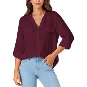 imageLYANER Womens Lapel Button Down Blouse Rolled Up Sleeve Dressy Shirt Work Office Casual TopDark Red