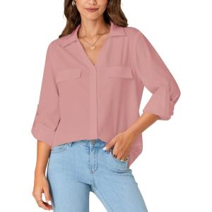 imageLYANER Womens Lapel Button Down Blouse Rolled Up Sleeve Dressy Shirt Work Office Casual TopDusty Pink