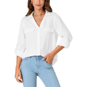 imageLYANER Womens Lapel Button Down Blouse Rolled Up Sleeve Dressy Shirt Work Office Casual TopWhite