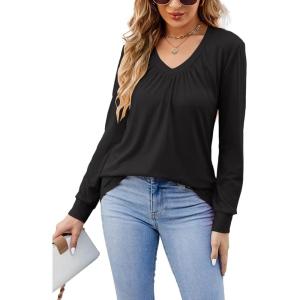 imageLYANER Womens Long Sleeve Top V Neck Pleated 2024 Spring Fashion Blouse T ShirtsBlack