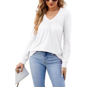 imageLYANER Womens Long Sleeve Top V Neck Pleated 2024 Spring Fashion Blouse T ShirtsWhite