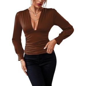 imageLYANER Womens Low Cut Strenchy Elastic Waist Ruched Long Sleeve Blouse Shirt TopBrown