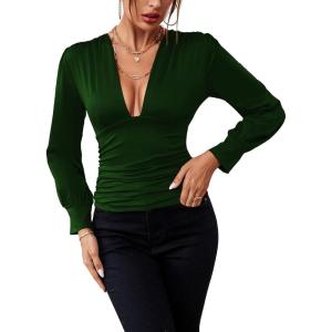 imageLYANER Womens Low Cut Strenchy Elastic Waist Ruched Long Sleeve Blouse Shirt TopDark Green