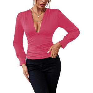 imageLYANER Womens Low Cut Strenchy Elastic Waist Ruched Long Sleeve Blouse Shirt TopRose