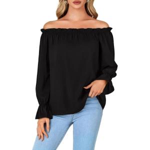 imageLYANER Womens Off Shoulder Ruffle Long Lantern Sleeve Ruched Casual Loose Tops Blouse ShirtBlack