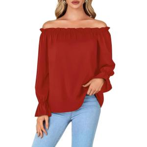 imageLYANER Womens Off Shoulder Ruffle Long Lantern Sleeve Ruched Casual Loose Tops Blouse ShirtRed
