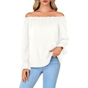 imageLYANER Womens Off Shoulder Ruffle Long Lantern Sleeve Ruched Casual Loose Tops Blouse ShirtWhite