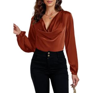 imageLYANER Womens Satin Silky Cowl Neck Drape Ruched Front Long Sleeve Blouse Shirt TopBrown
