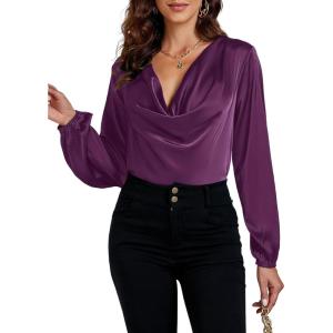 imageLYANER Womens Satin Silky Cowl Neck Drape Ruched Front Long Sleeve Blouse Shirt TopDark Purple