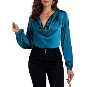 imageLYANER Womens Satin Silky Cowl Neck Drape Ruched Front Long Sleeve Blouse Shirt TopLake Blue