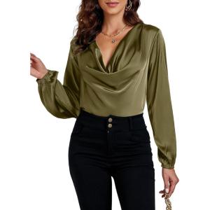 imageLYANER Womens Satin Silky Cowl Neck Drape Ruched Front Long Sleeve Blouse Shirt TopOlive Green