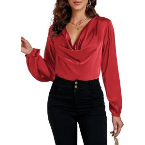 imageLYANER Womens Satin Silky Cowl Neck Drape Ruched Front Long Sleeve Blouse Shirt TopRed