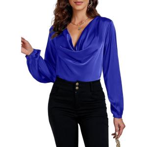 imageLYANER Womens Satin Silky Cowl Neck Drape Ruched Front Long Sleeve Blouse Shirt TopRoyal Blue