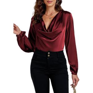 imageLYANER Womens Satin Silky Cowl Neck Drape Ruched Front Long Sleeve Blouse Shirt TopSolid Dark Purple