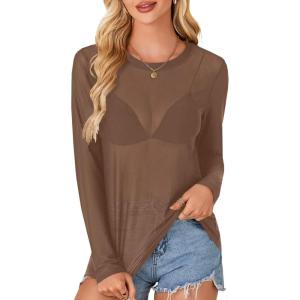 imageLYANER Womens Sheer Mesh Long Sleeve Round Neck Sexy See Through Blouse Shirt TopLight Brown