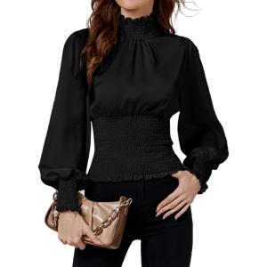 imageLYANER Womens Shirred Frill Mock Neck Smocked Puff Long Sleeve Blouse TopBlack