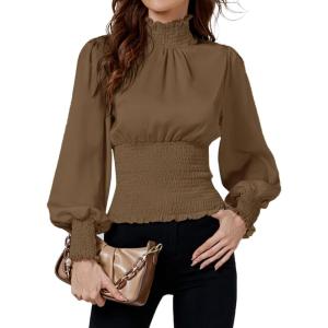 imageLYANER Womens Shirred Frill Mock Neck Smocked Puff Long Sleeve Blouse TopCamel