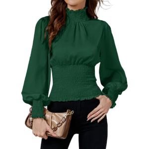 imageLYANER Womens Shirred Frill Mock Neck Smocked Puff Long Sleeve Blouse TopDark Green