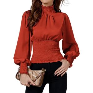 imageLYANER Womens Shirred Frill Mock Neck Smocked Puff Long Sleeve Blouse TopDark Orange