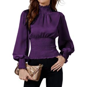 imageLYANER Womens Shirred Frill Mock Neck Smocked Puff Long Sleeve Blouse TopDark Purple
