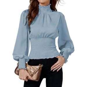 imageLYANER Womens Shirred Frill Mock Neck Smocked Puff Long Sleeve Blouse TopDusty Blue