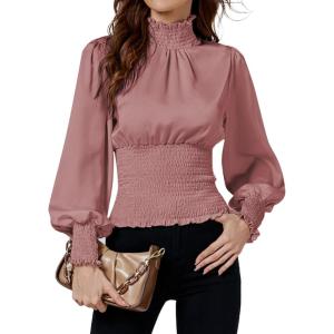 imageLYANER Womens Shirred Frill Mock Neck Smocked Puff Long Sleeve Blouse TopDusty Pink