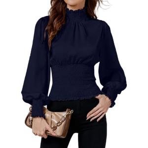 imageLYANER Womens Shirred Frill Mock Neck Smocked Puff Long Sleeve Blouse TopNavy Blue