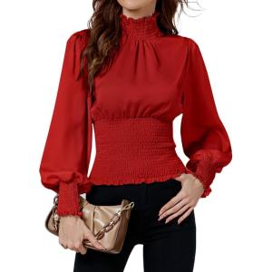 imageLYANER Womens Shirred Frill Mock Neck Smocked Puff Long Sleeve Blouse TopRed