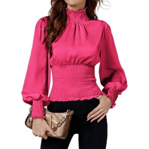 imageLYANER Womens Shirred Frill Mock Neck Smocked Puff Long Sleeve Blouse TopRose