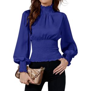 imageLYANER Womens Shirred Frill Mock Neck Smocked Puff Long Sleeve Blouse TopRoyal Blue