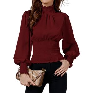 imageLYANER Womens Shirred Frill Mock Neck Smocked Puff Long Sleeve Blouse TopWine Red