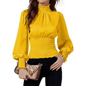imageLYANER Womens Shirred Frill Mock Neck Smocked Puff Long Sleeve Blouse TopYellow