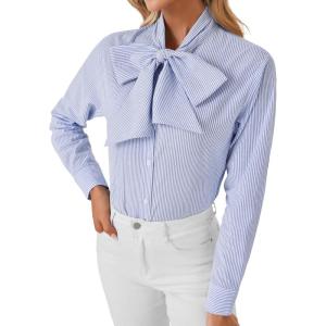 imageLYANER Womens Striped Button Down Shirts Vintage Bow Tie Collar Long Sleeve Elegant Blouse TopsBlue