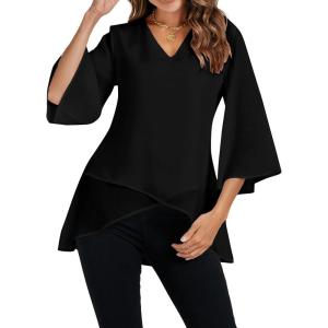 imageLYANER Womens V Neck Asymmetrical Hem Bell Long Sleeve Swing Chiffon Blouse Shirt TopsBlack