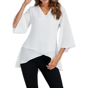 imageLYANER Womens V Neck Asymmetrical Hem Bell Long Sleeve Swing Chiffon Blouse Shirt TopsWhite