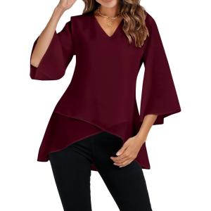 imageLYANER Womens V Neck Asymmetrical Hem Bell Long Sleeve Swing Chiffon Blouse Shirt TopsWine Red