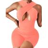 imageLYANER Womens Cut Out Crisscross Wrap Short Jumpsuit Bodysuit One Piece CatsuitCoral Pink