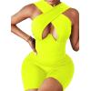 imageLYANER Womens Cut Out Crisscross Wrap Short Jumpsuit Bodysuit One Piece CatsuitNeon Yellow