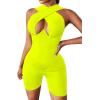 imageLYANER Womens Cut Out Crisscross Wrap Short Jumpsuit Bodysuit One Piece CatsuitNeon Yellow